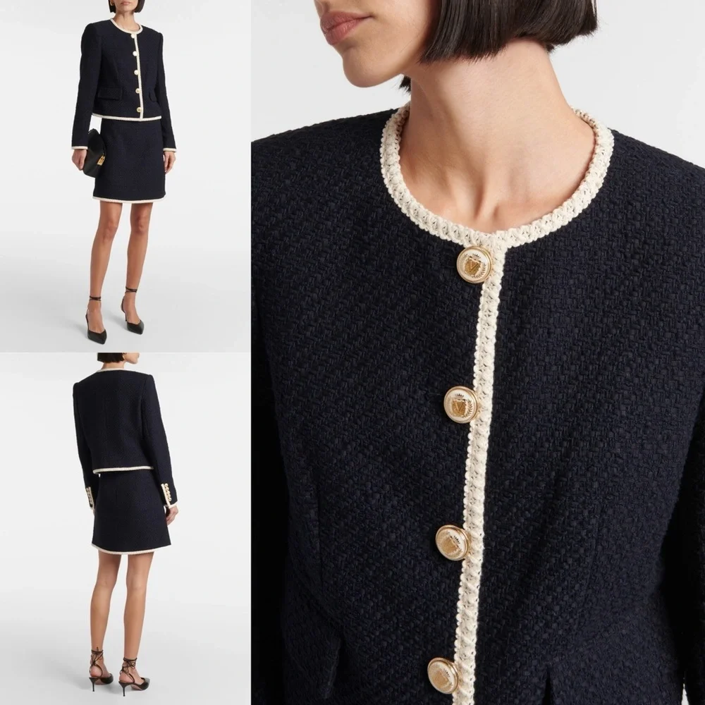 Veronica Beard Mabel Tweed Jacket Blazer Navy Ivory Trim Size 12 - Picture 4 of 16